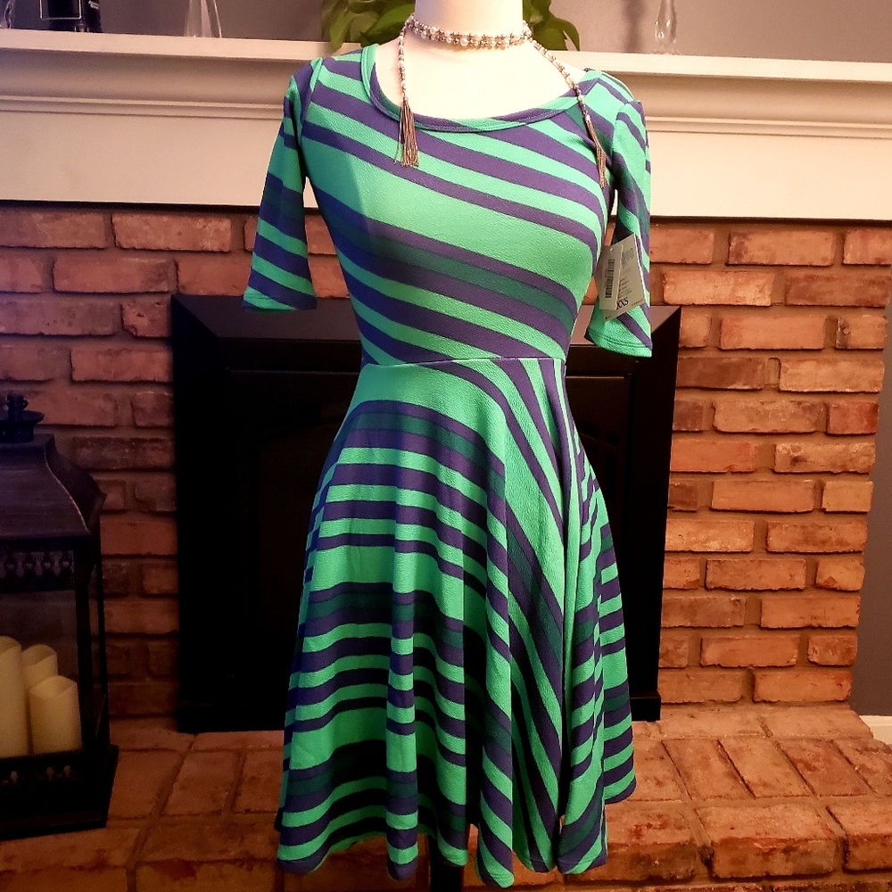 LuLaRoe Nicole fit flare XXS teal blue striped